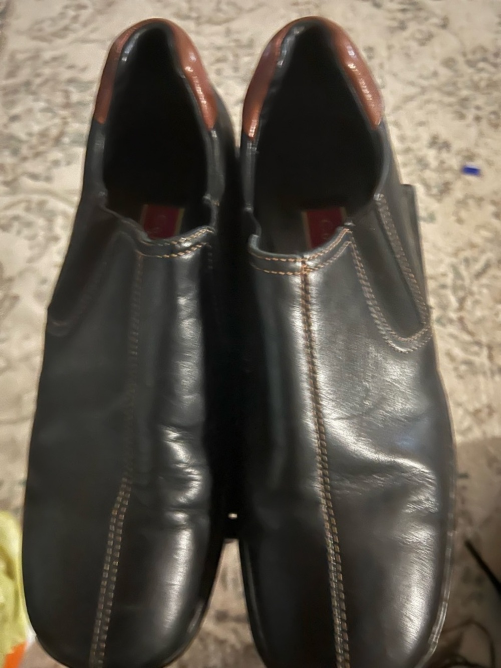 Cole Haan Black Leather Slip-On Loafers with Brown Heel Accent